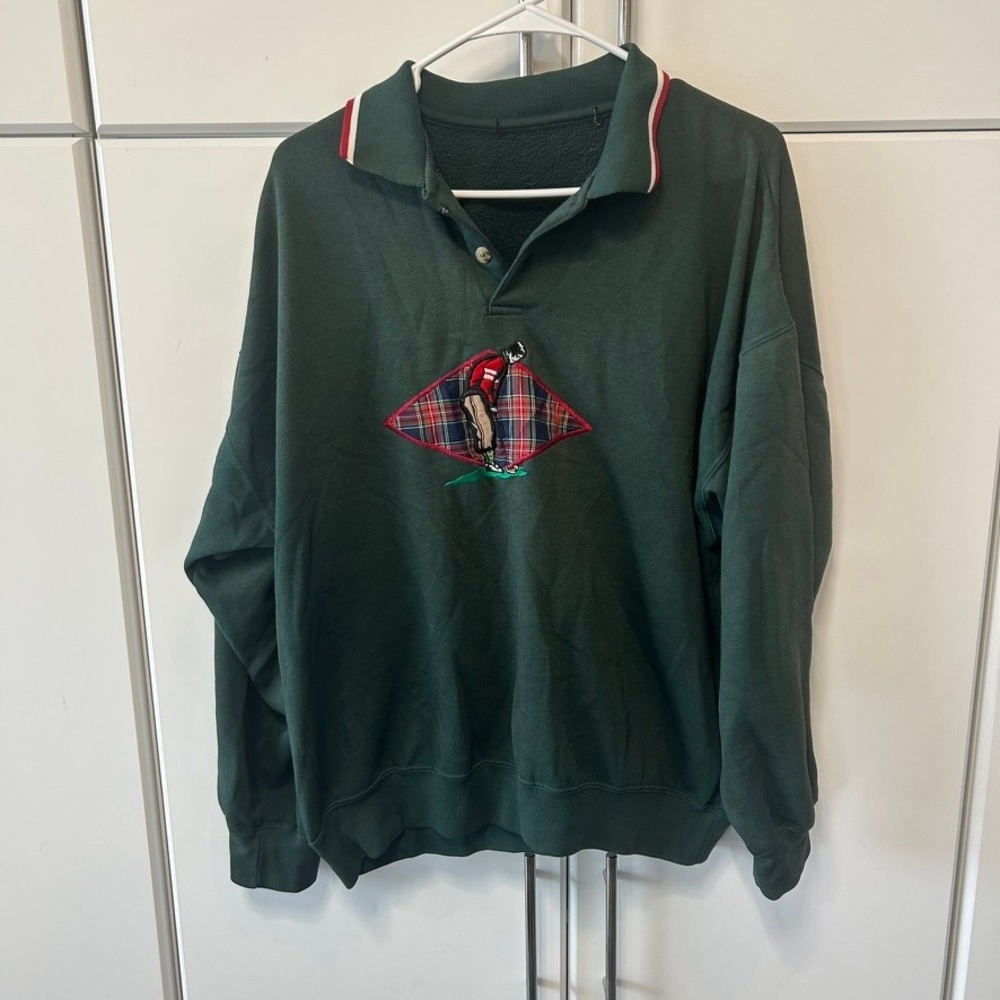 Vintage Golf Embroidered Plaid Diamond Polo Collar Sweatshirt Green Mens XL